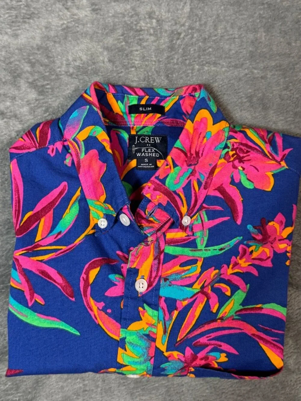 J.Crew Men's S Brilliant Blue Tropical Floral Slim Flex Washed Shirt
